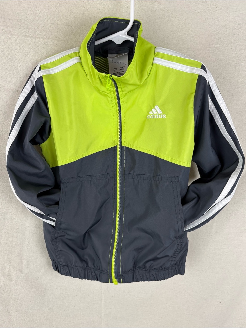 adidas Toddler Neon Green Charcoal Windbreaker Track Jacket 3T Full Zip Pockets